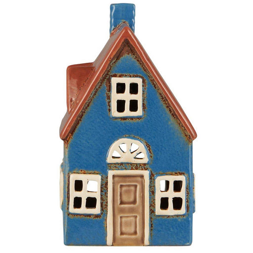 KI-generiertes Bild,Teelichthaus Lichterhaus Nyhavn 16cm Blau Braun Keramik Fachwerkhaus Teelichthalter