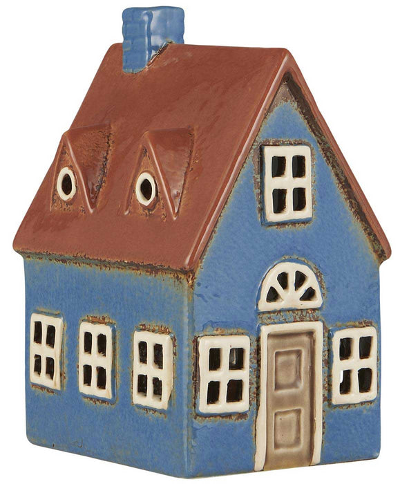 KI-generiertes Bild,Teelichthaus Lichterhaus Nyhavn 16cm Blau Braun Keramik Fachwerkhaus Teelichthalter