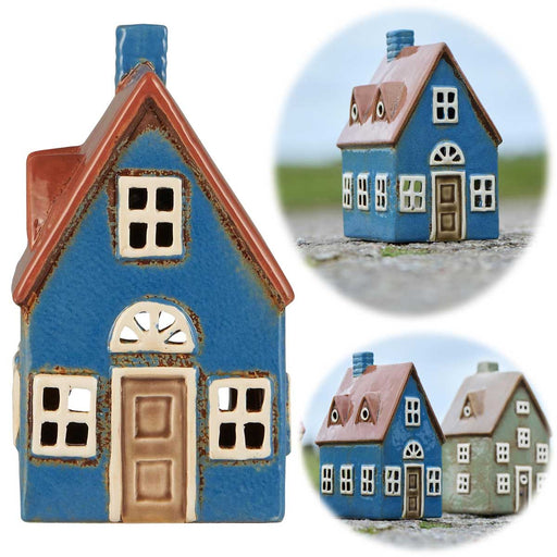 KI-generiertes Bild Teelichthaus Lichterhaus Nyhavn 16cm Blau Braun Keramik Fachwerkhaus Teelichthalter