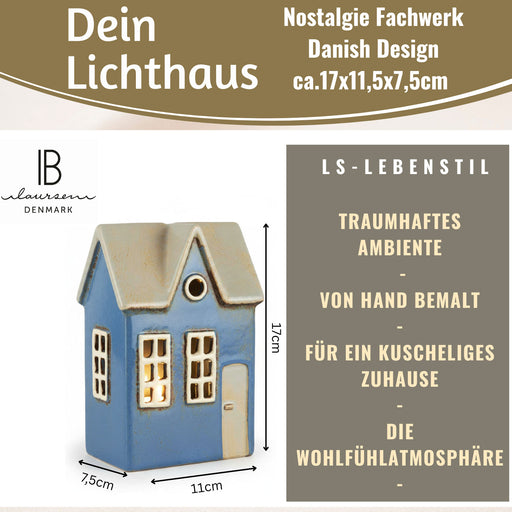 KI-generiertes Bild,Teelichthaus Lichterhaus Nyhavn 17cm Blau Keramik Fachwerkhaus Teelichthalter