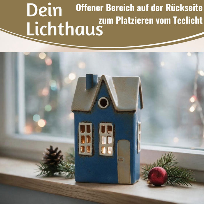 KI-generiertes Bild,Teelichthaus Lichterhaus Nyhavn 17cm Blau Keramik Fachwerkhaus Teelichthalter