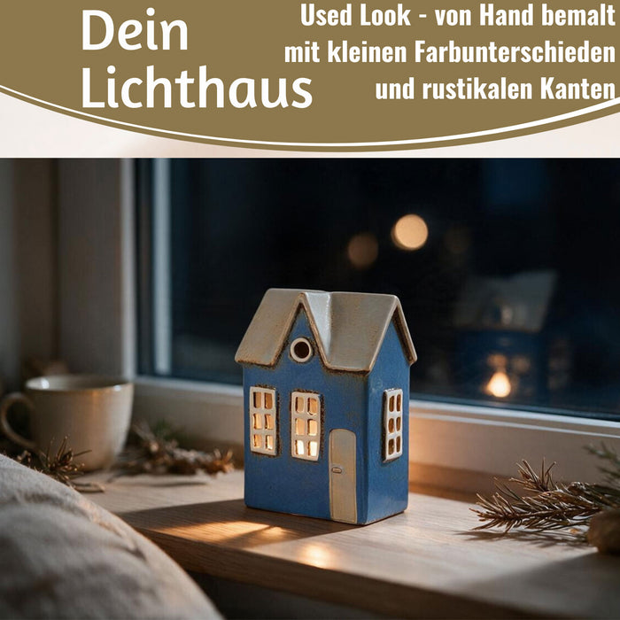 KI-generiertes Bild,Teelichthaus Lichterhaus Nyhavn 17cm Blau Keramik Fachwerkhaus Teelichthalter