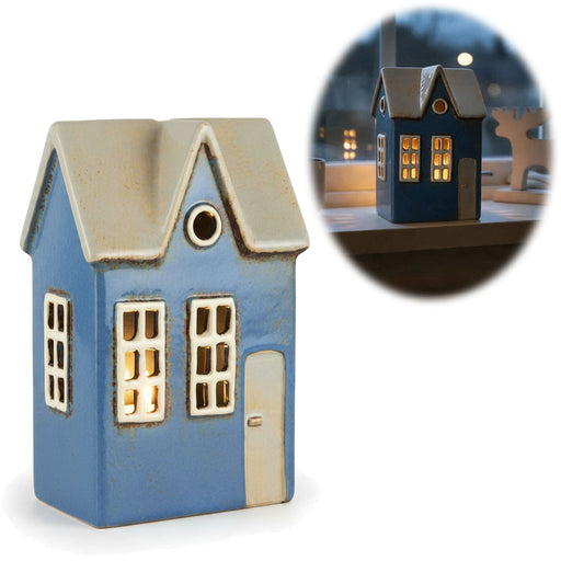 KI-generiertes Bild Teelichthaus Lichterhaus Nyhavn 17cm Blau Keramik Fachwerkhaus Teelichthalter