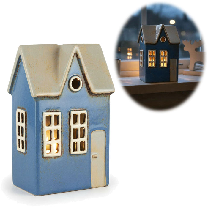 KI-generiertes Bild Teelichthaus Lichterhaus Nyhavn 17cm Blau Keramik Fachwerkhaus Teelichthalter