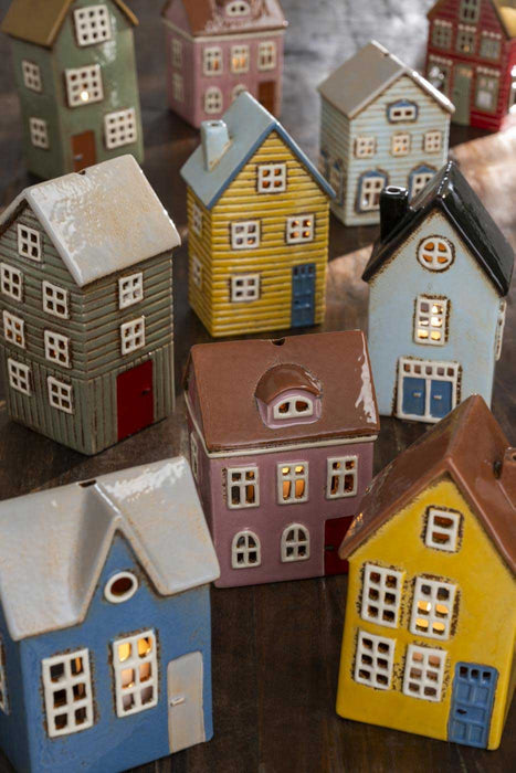 KI-generiertes Bild,Teelichthaus Lichterhaus Nyhavn 17cm Blau Keramik Fachwerkhaus Teelichthalter