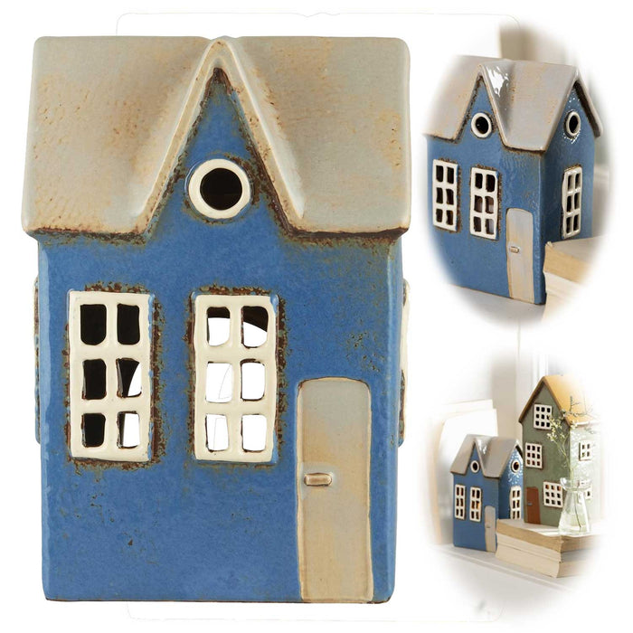 KI-generiertes Bild Teelichthaus Lichterhaus Nyhavn 17cm Blau Keramik Fachwerkhaus Teelichthalter