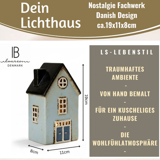 KI-generiertes Bild,Teelichthaus Lichterhaus Nyhavn 19cm Blau Keramik Fachwerkhaus Teelichthalter