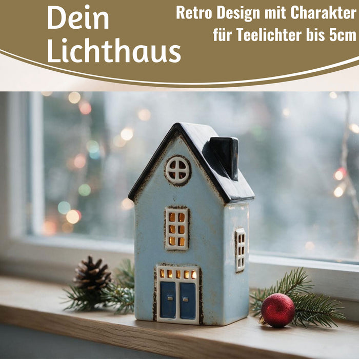 KI-generiertes Bild,Teelichthaus Lichterhaus Nyhavn 19cm Blau Keramik Fachwerkhaus Teelichthalter