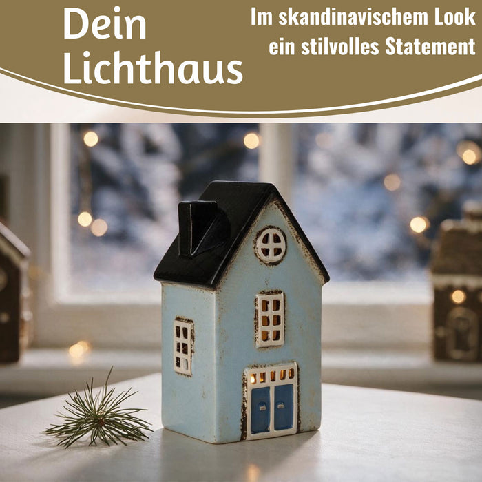 KI-generiertes Bild,Teelichthaus Lichterhaus Nyhavn 19cm Blau Keramik Fachwerkhaus Teelichthalter