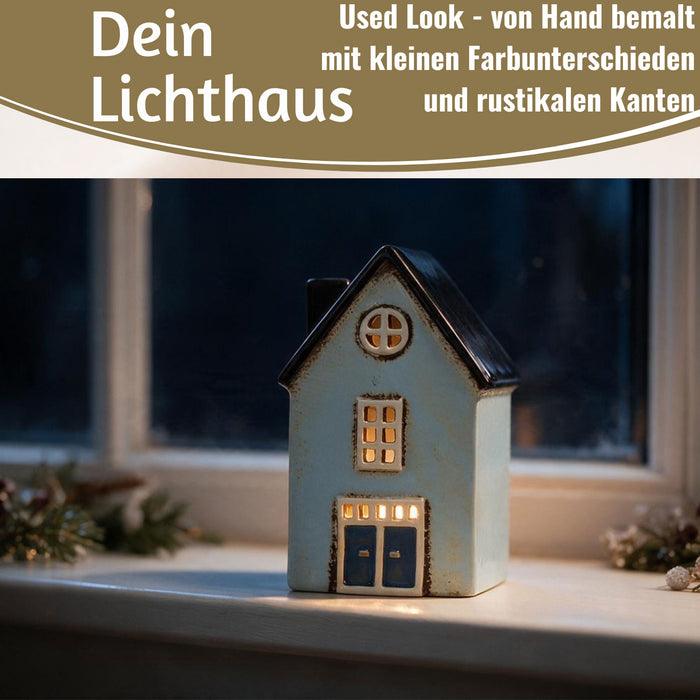 KI-generiertes Bild,Teelichthaus Lichterhaus Nyhavn 19cm Blau Keramik Fachwerkhaus Teelichthalter
