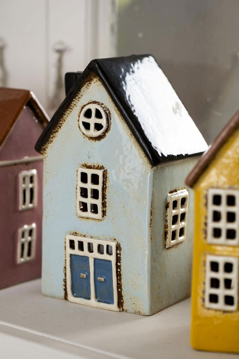 KI-generiertes Bild,Teelichthaus Lichterhaus Nyhavn 19cm Blau Keramik Fachwerkhaus Teelichthalter
