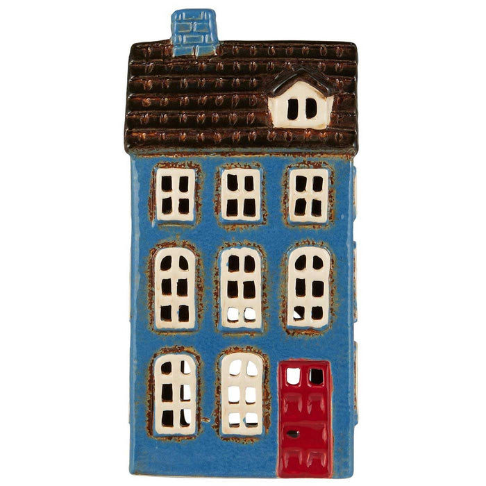 KI-generiertes Bild,Teelichthaus Lichterhaus Nyhavn 20cm Blau Braun Keramik Fachwerkhaus Teelichthalter