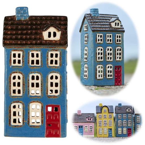 KI-generiertes Bild Teelichthaus Lichterhaus Nyhavn 20cm Blau Braun Keramik Fachwerkhaus Teelichthalter