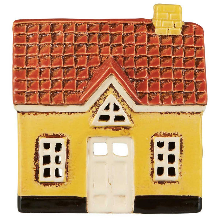 KI-generiertes Bild,Teelichthaus Lichterhaus Nyhavn 14cm Gelb Braun Keramik Fachwerkhaus Teelichthalter