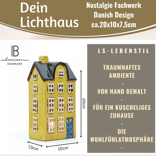 KI-generiertes Bild,Teelichthaus Lichterhaus Nyhavn 20cm Gelb Blau Keramik Fachwerkhaus Teelichthalter