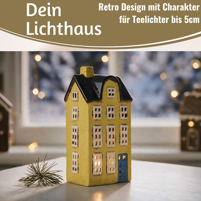 KI-generiertes Bild,Teelichthaus Lichterhaus Nyhavn 20cm Gelb Blau Keramik Fachwerkhaus Teelichthalter