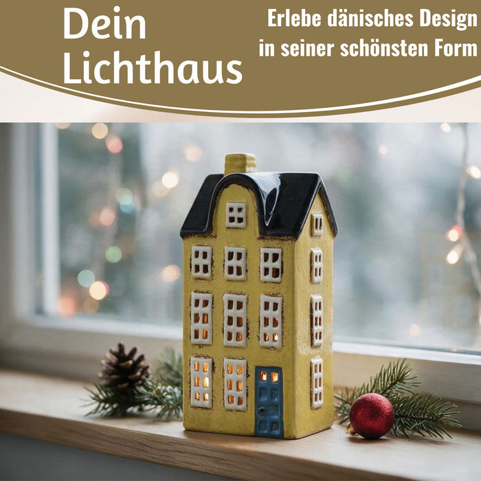 KI-generiertes Bild,Teelichthaus Lichterhaus Nyhavn 20cm Gelb Blau Keramik Fachwerkhaus Teelichthalter