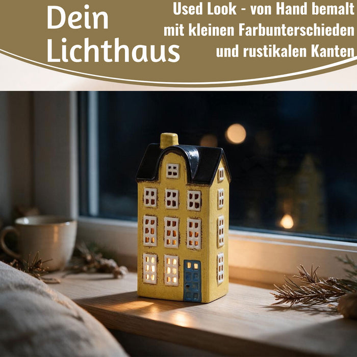 KI-generiertes Bild,Teelichthaus Lichterhaus Nyhavn 20cm Gelb Blau Keramik Fachwerkhaus Teelichthalter