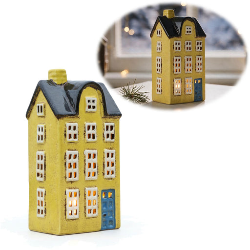 KI-generiertes Bild Teelichthaus Lichterhaus Nyhavn 20cm Gelb Blau Keramik Fachwerkhaus Teelichthalter