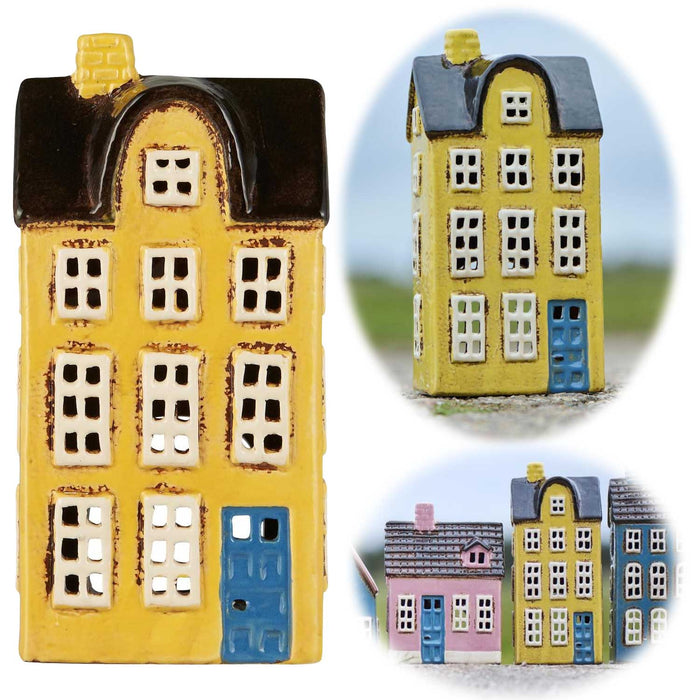 KI-generiertes Bild Teelichthaus Lichterhaus Nyhavn 20cm Gelb Blau Keramik Fachwerkhaus Teelichthalter