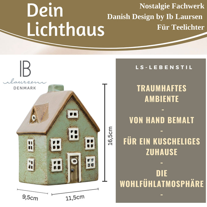 KI-generiertes Bild,Teelichthaus Lichterhaus Nyhavn 17cm Grün Bran Keramik Fachwerkhaus Teelichthalter