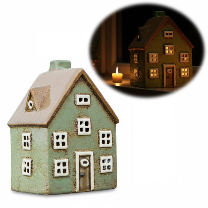 KI-generiertes Bild Teelichthaus Lichterhaus Nyhavn 17cm Grün Bran Keramik Fachwerkhaus Teelichthalter