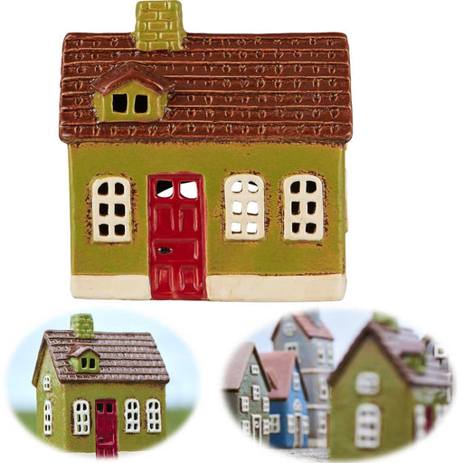 KI-generiertes Bild Teelichthaus Lichterhaus Nyhavn 14cm Grün Braun Keramik Fachwerkhaus Teelichthalter