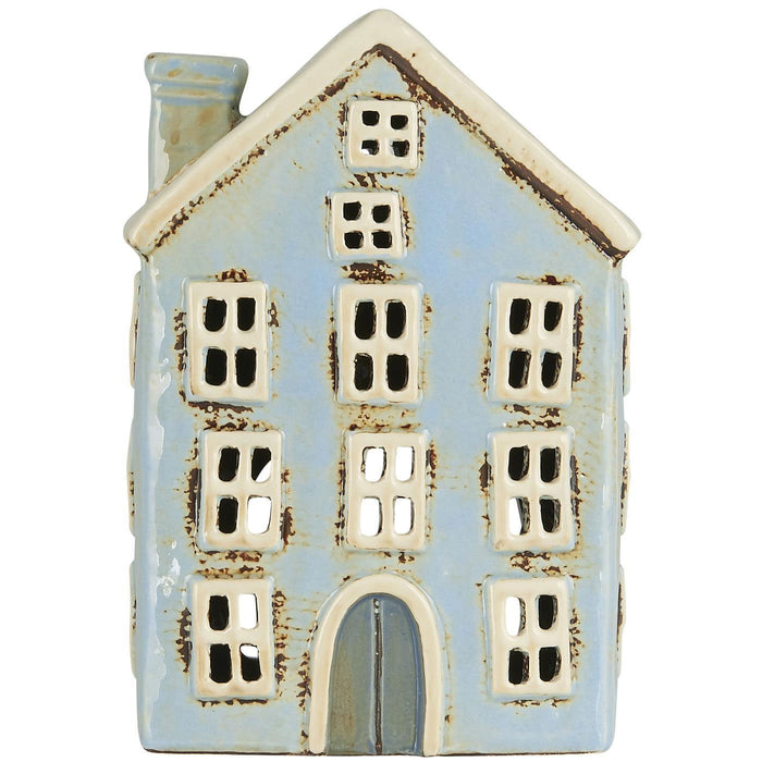 KI-generiertes Bild,Teelichthaus Lichterhaus Nyhavn 17cm Blau Keramik Fachwerkhaus Teelichthalter
