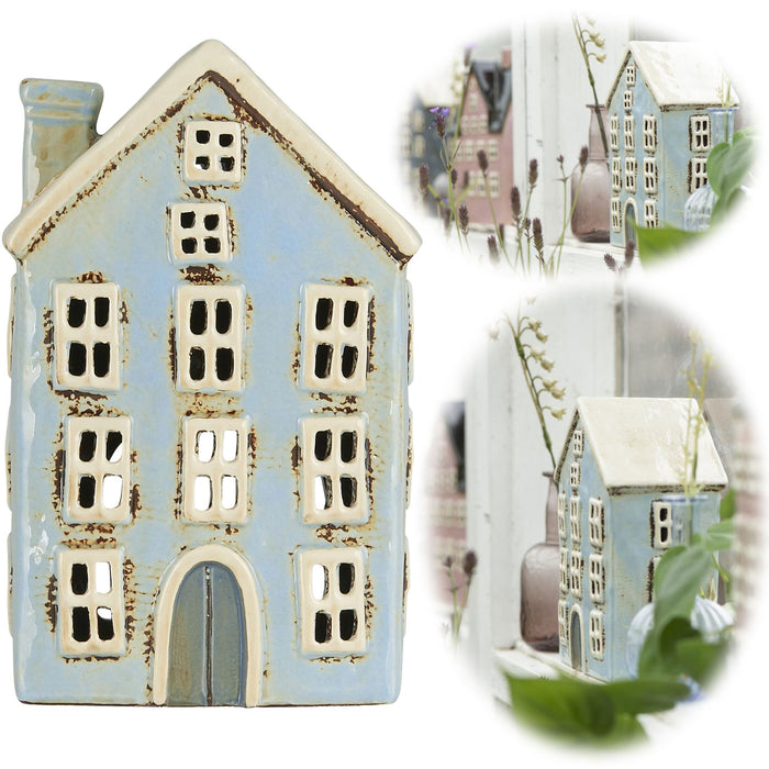 KI-generiertes Bild Teelichthaus Lichterhaus Nyhavn 17cm Blau Keramik Fachwerkhaus Teelichthalter
