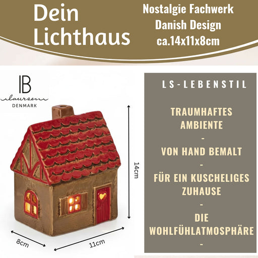 KI-generiertes Bild,Teelichthaus Lichterhaus Nyhavn 14cm Braun Rot Keramik Fachwerkhaus Teelichthalter