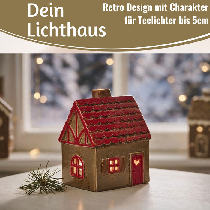 KI-generiertes Bild,Teelichthaus Lichterhaus Nyhavn 14cm Braun Rot Keramik Fachwerkhaus Teelichthalter