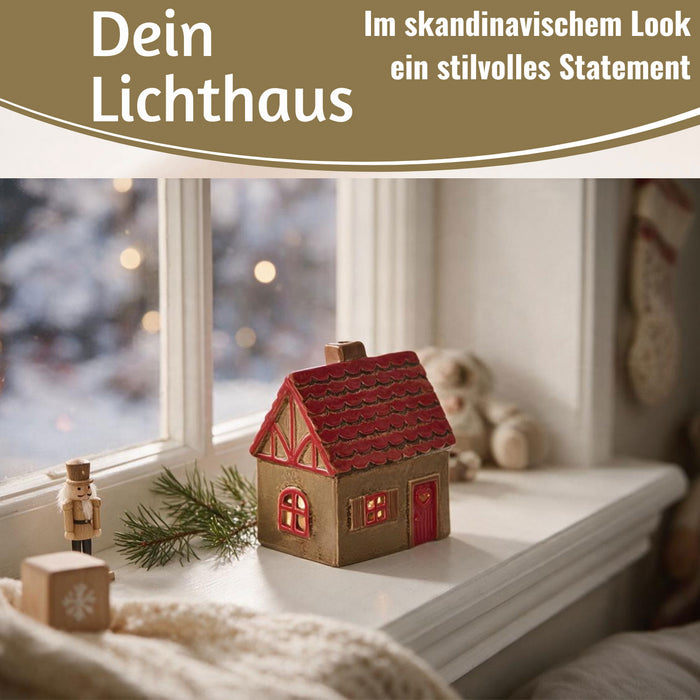 KI-generiertes Bild,Teelichthaus Lichterhaus Nyhavn 14cm Braun Rot Keramik Fachwerkhaus Teelichthalter