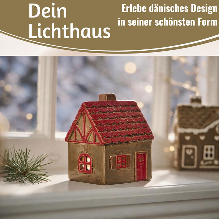 KI-generiertes Bild,Teelichthaus Lichterhaus Nyhavn 14cm Braun Rot Keramik Fachwerkhaus Teelichthalter