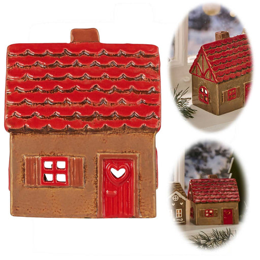 KI-generiertes Bild Teelichthaus Lichterhaus Nyhavn 14cm Braun Rot Keramik Fachwerkhaus Teelichthalter