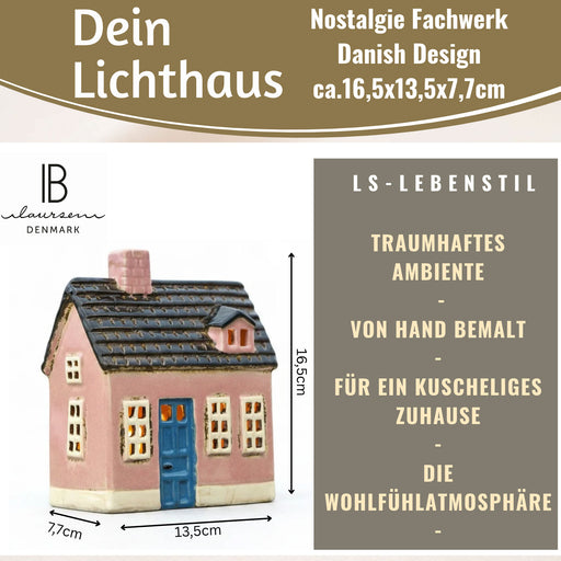 KI-generiertes Bild,Teelichthaus Lichterhaus Nyhavn 16cm Rosa Blau Keramik Fachwerkhaus Teelichthalter