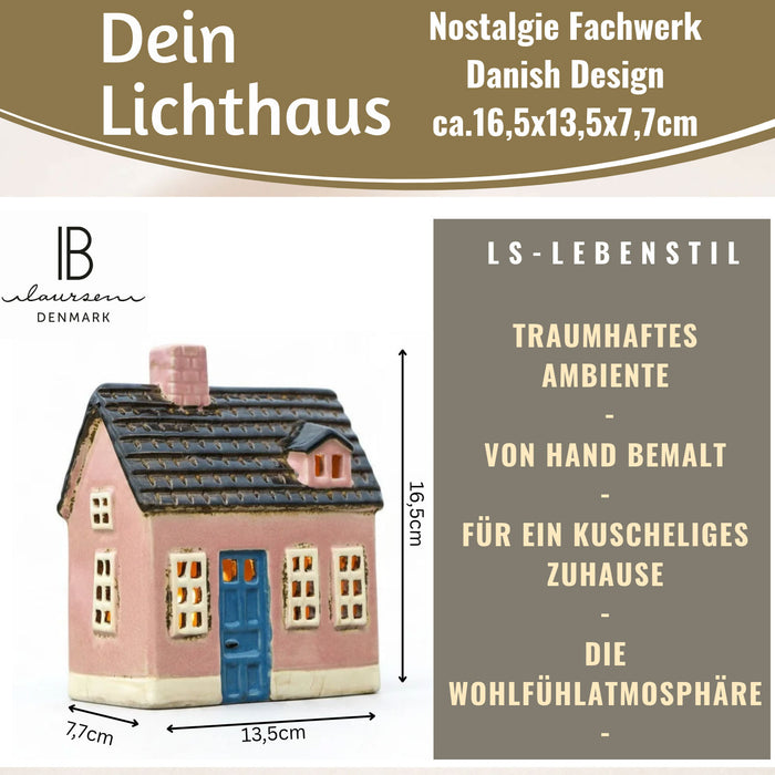 KI-generiertes Bild,Teelichthaus Lichterhaus Nyhavn 16cm Rosa Blau Keramik Fachwerkhaus Teelichthalter