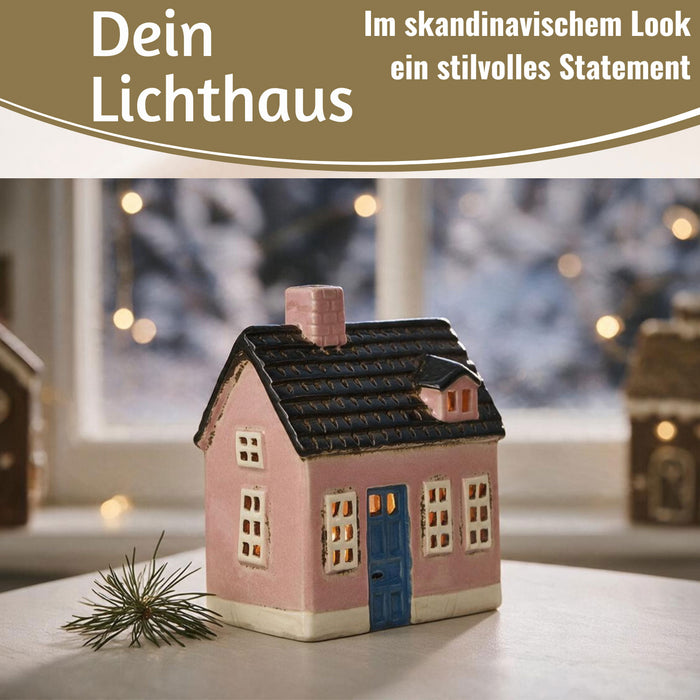 KI-generiertes Bild,Teelichthaus Lichterhaus Nyhavn 16cm Rosa Blau Keramik Fachwerkhaus Teelichthalter