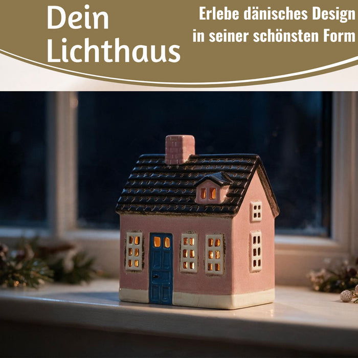 KI-generiertes Bild,Teelichthaus Lichterhaus Nyhavn 16cm Rosa Blau Keramik Fachwerkhaus Teelichthalter