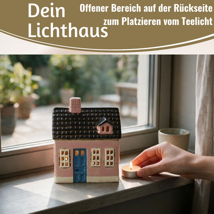 KI-generiertes Bild,Teelichthaus Lichterhaus Nyhavn 16cm Rosa Blau Keramik Fachwerkhaus Teelichthalter