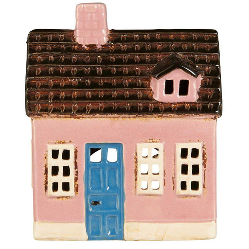 KI-generiertes Bild,Teelichthaus Lichterhaus Nyhavn 14cm Rosa Blau Keramik Fachwerkhaus Teelichthalter
