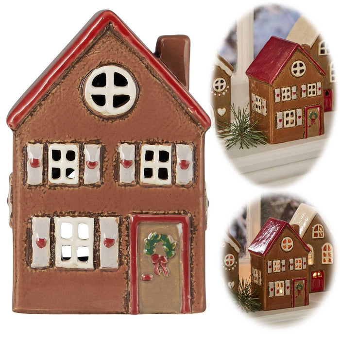 KI-generiertes Bild Teelichthaus Lichterhaus Nyhavn 15cm Braun Keramik Fachwerkhaus Teelichthalter