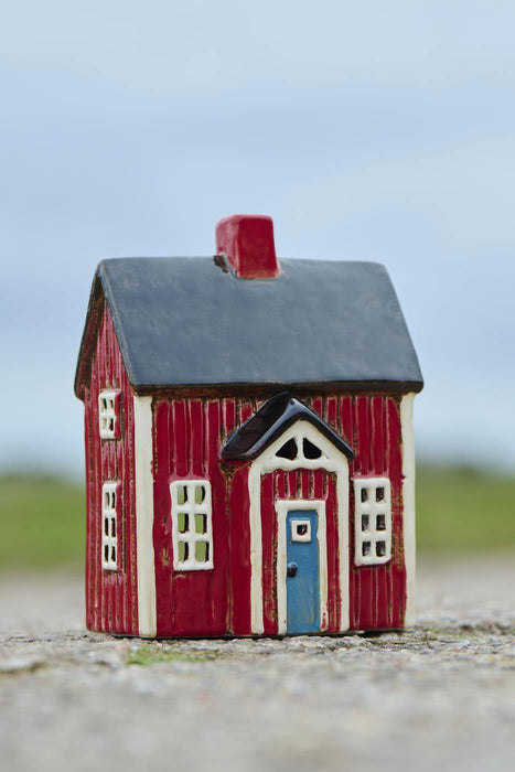 KI-generiertes Bild,Teelichthaus Lichterhaus Nyhavn 17cm Rot Blau Keramik Fachwerkhaus Teelichthalter