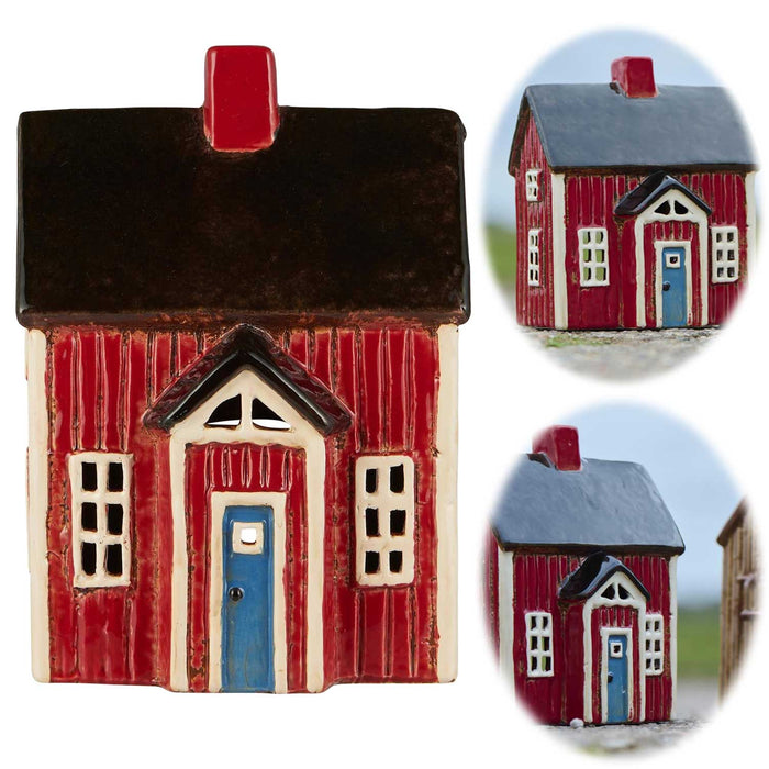 KI-generiertes Bild Teelichthaus Lichterhaus Nyhavn 17cm Rot Blau Keramik Fachwerkhaus Teelichthalter