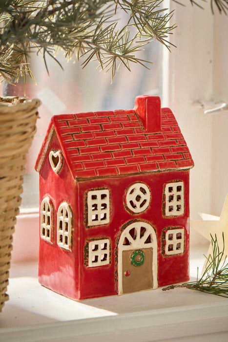 KI-generiertes Bild,Teelichthaus Lichterhaus Nyhavn 17cm Rot Braun Keramik Fachwerkhaus Teelichthalter