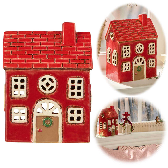 KI-generiertes Bild Teelichthaus Lichterhaus Nyhavn 17cm Rot Braun Keramik Fachwerkhaus Teelichthalter