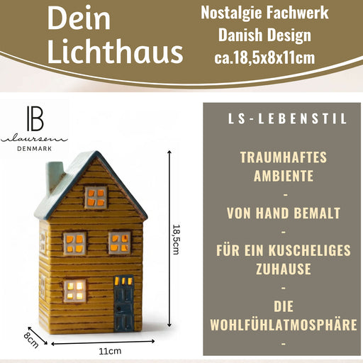 KI-generiertes Bild,Teelichthaus Lichterhaus Nyhavn 18cm Gelb Blau Keramik Fachwerkhaus Teelichthalter
