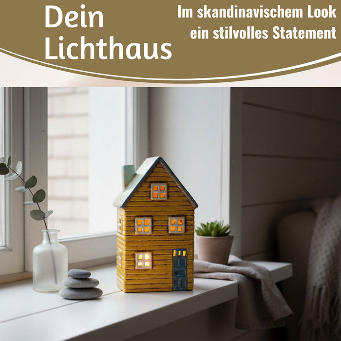 KI-generiertes Bild,Teelichthaus Lichterhaus Nyhavn 18cm Gelb Blau Keramik Fachwerkhaus Teelichthalter