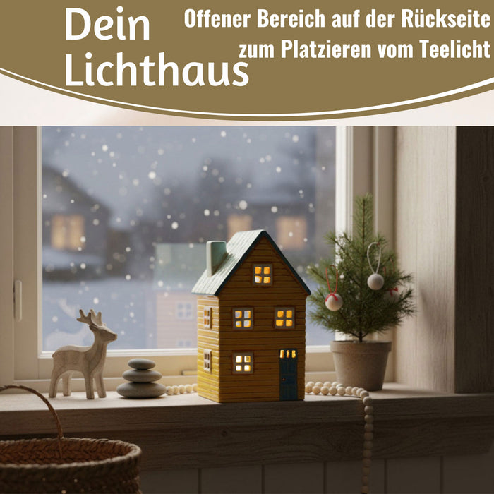 KI-generiertes Bild,Teelichthaus Lichterhaus Nyhavn 18cm Gelb Blau Keramik Fachwerkhaus Teelichthalter