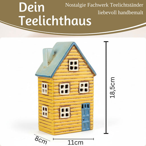 KI-generiertes Bild,Teelichthaus Lichterhaus Nyhavn 18cm Gelb Blau Keramik Fachwerkhaus Teelichthalter