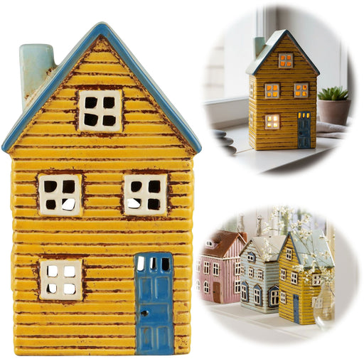KI-generiertes Bild Teelichthaus Lichterhaus Nyhavn 18cm Gelb Blau Keramik Fachwerkhaus Teelichthalter